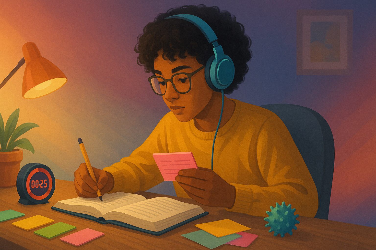 ADHD study techniques with organized workspace